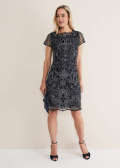 Esme Embroidered Dress - Navy/Ivory