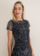 Esme Embroidered Dress - Navy/Ivory