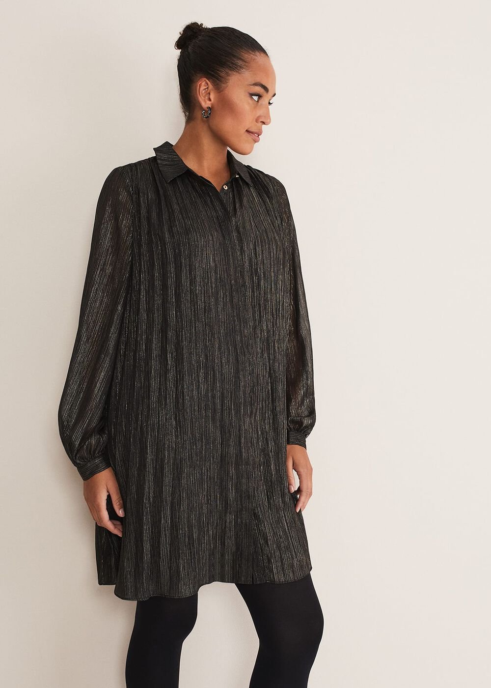 Tanya Foil Pleated Shirt Dress - Black/Pewter