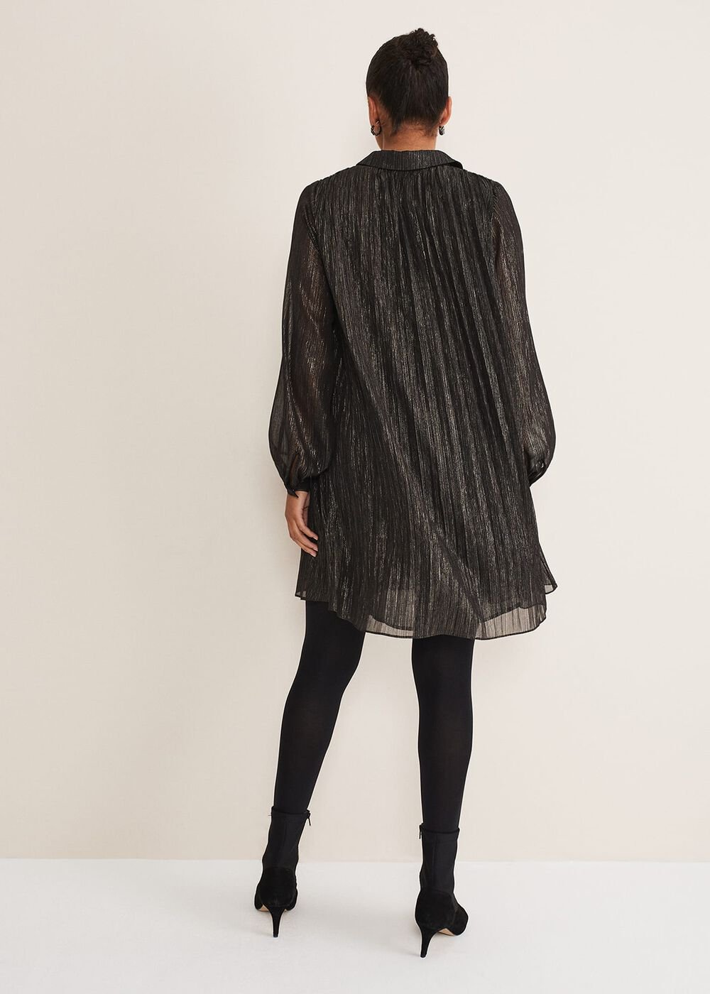 Tanya Foil Pleated Shirt Dress - Black/Pewter