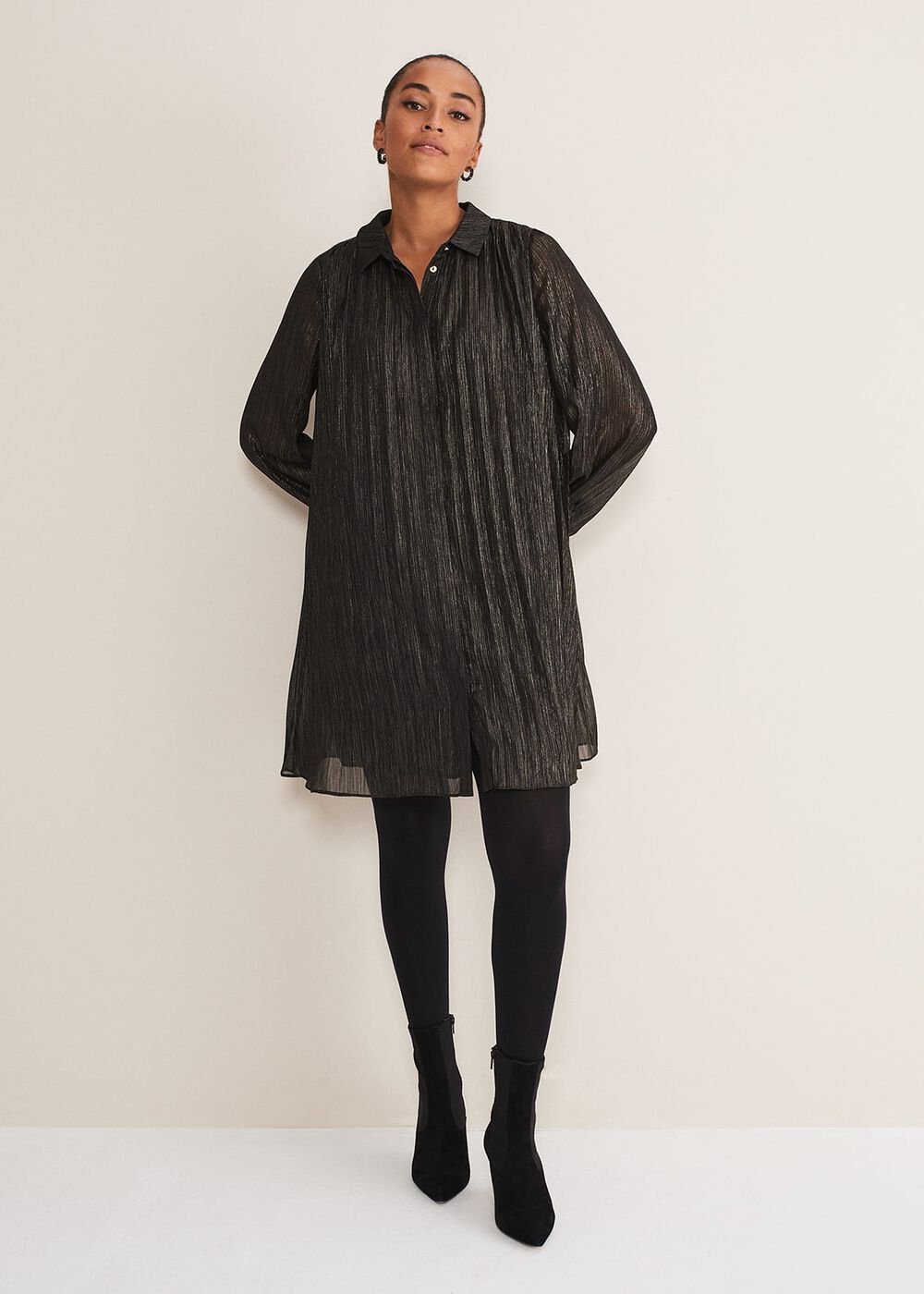 Tanya Foil Pleated Shirt Dress - Black/Pewter