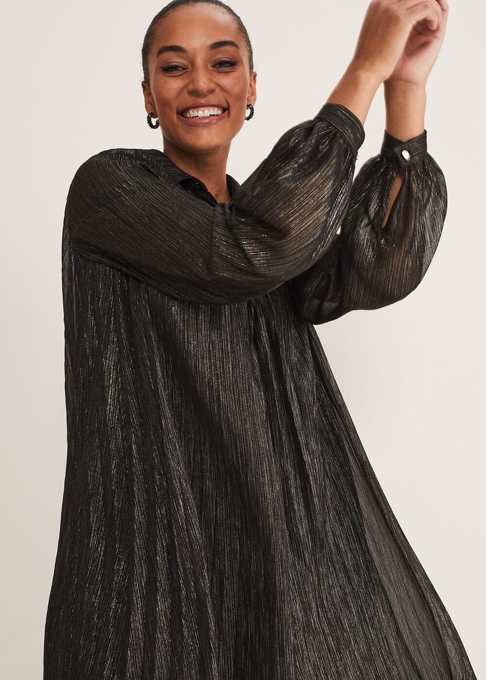 Tanya Foil Pleated Shirt Dress - Black/Pewter