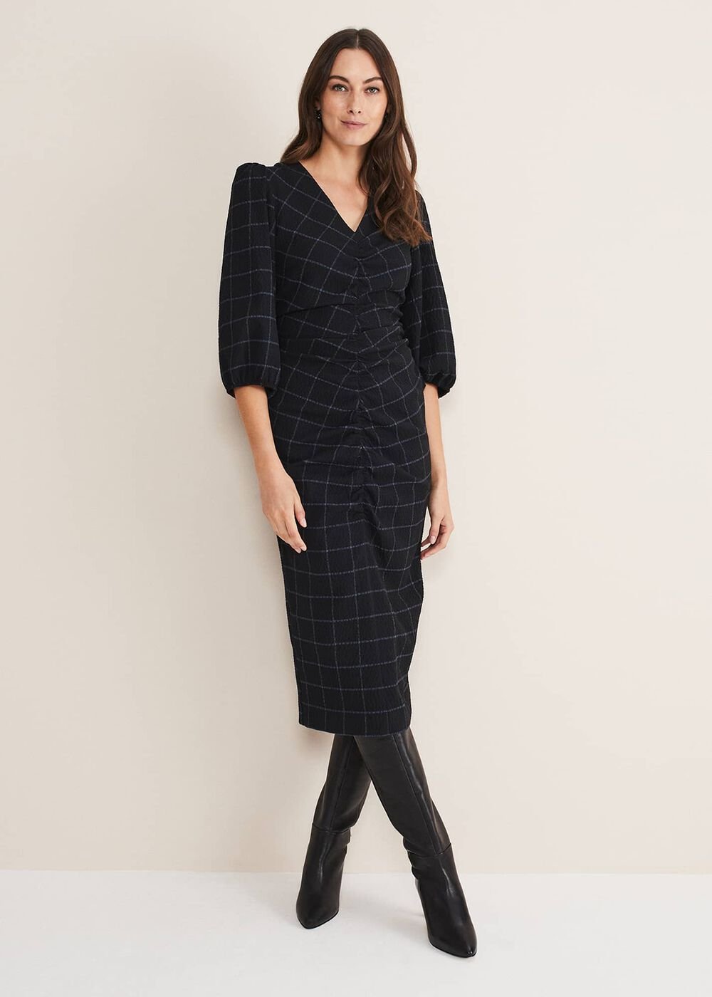 Addison Check Ruched Dress - Black/Blue