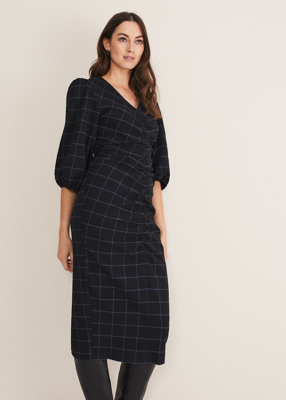 Addison Check Ruched Dress - Black/Blue