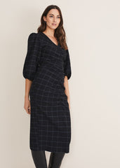 Addison Check Ruched Dress - Black/Blue