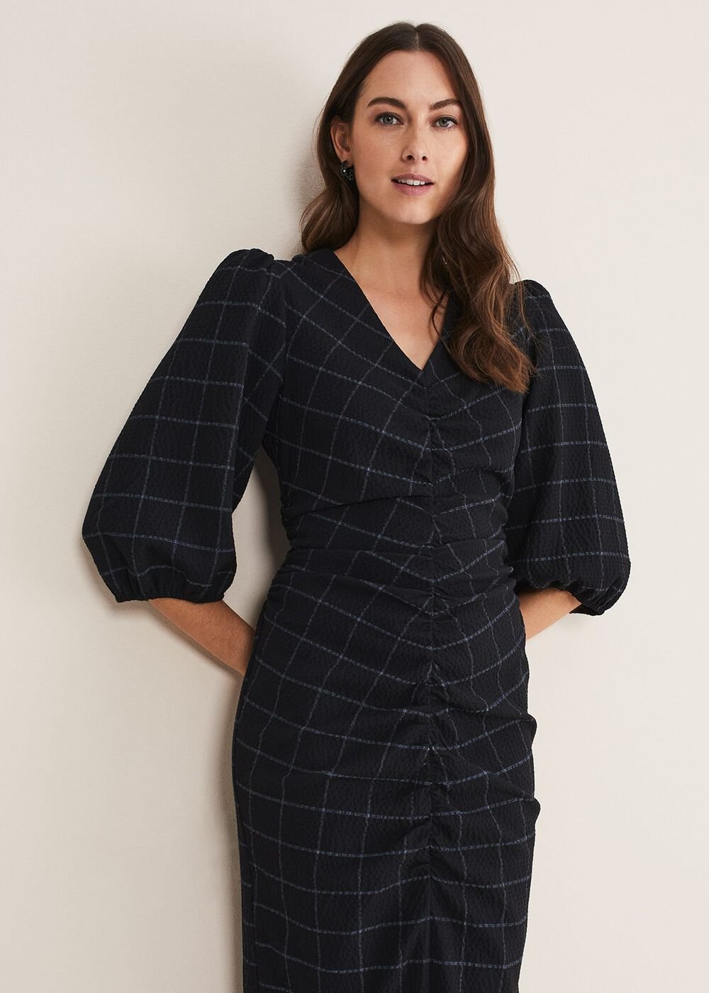 Addison Check Ruched Dress - Black/Blue