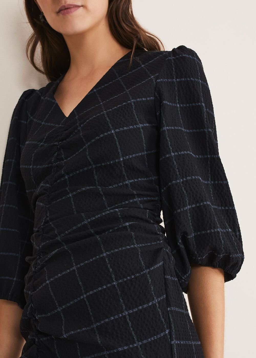 Addison Check Ruched Dress - Black/Blue