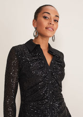 Kirsty Ruched Sequin Dress - Black