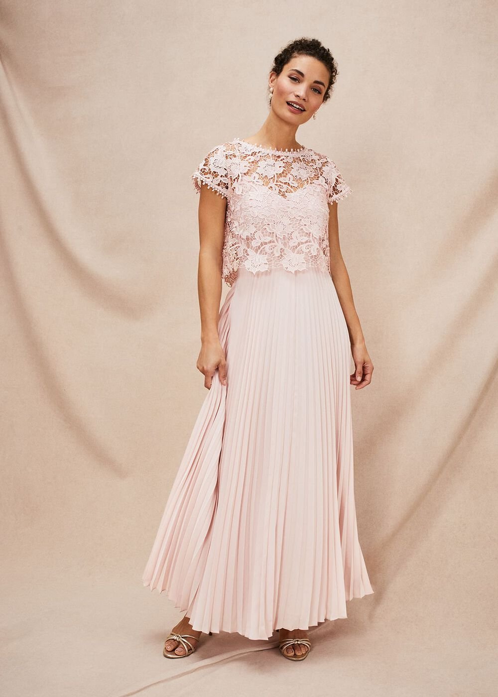 Michelle Lace Pleated Maxi Dress - Antique Rose