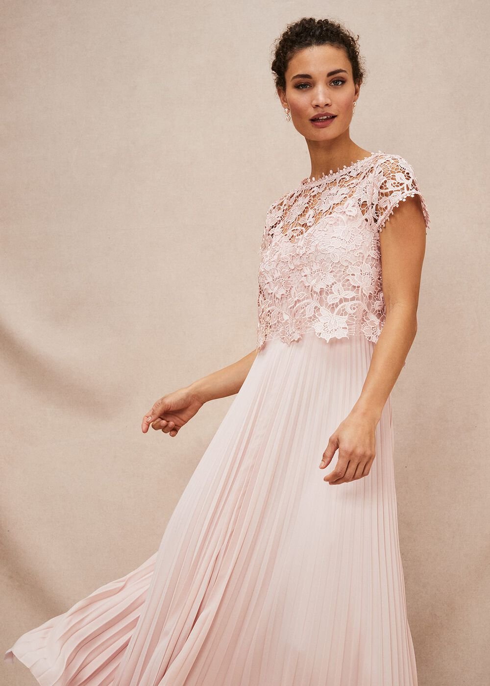 Michelle Lace Pleated Maxi Dress - Antique Rose