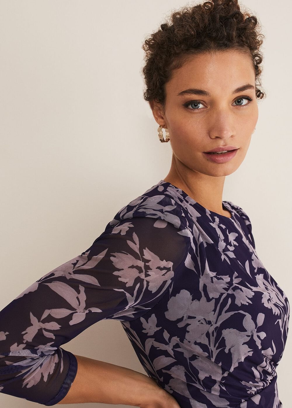 Purple Floral Mesh Midi Dress - Latte/Navy