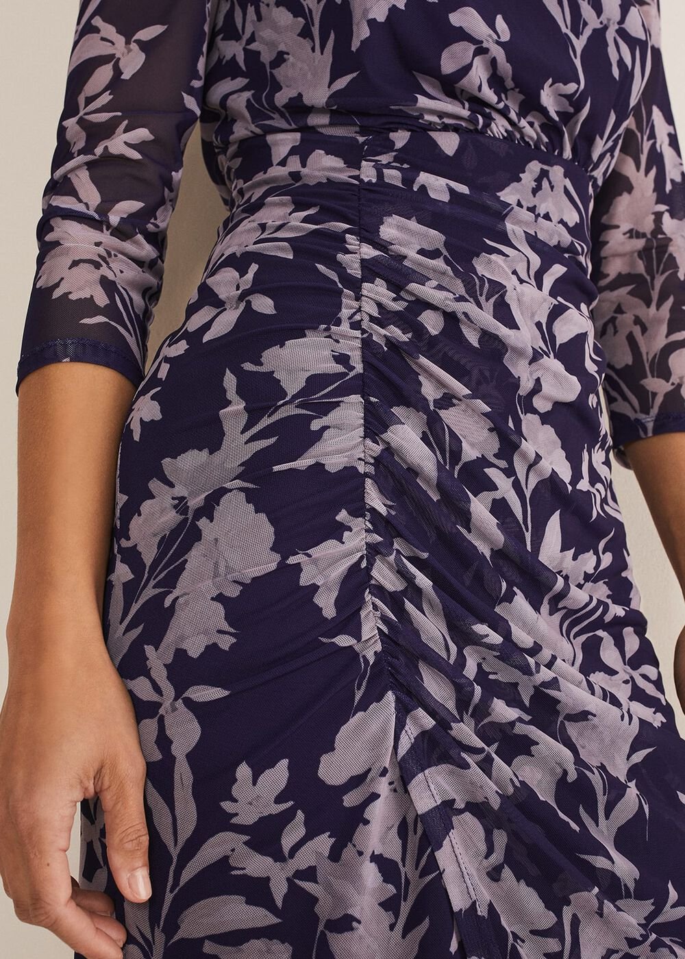Purple Floral Mesh Midi Dress - Latte/Navy