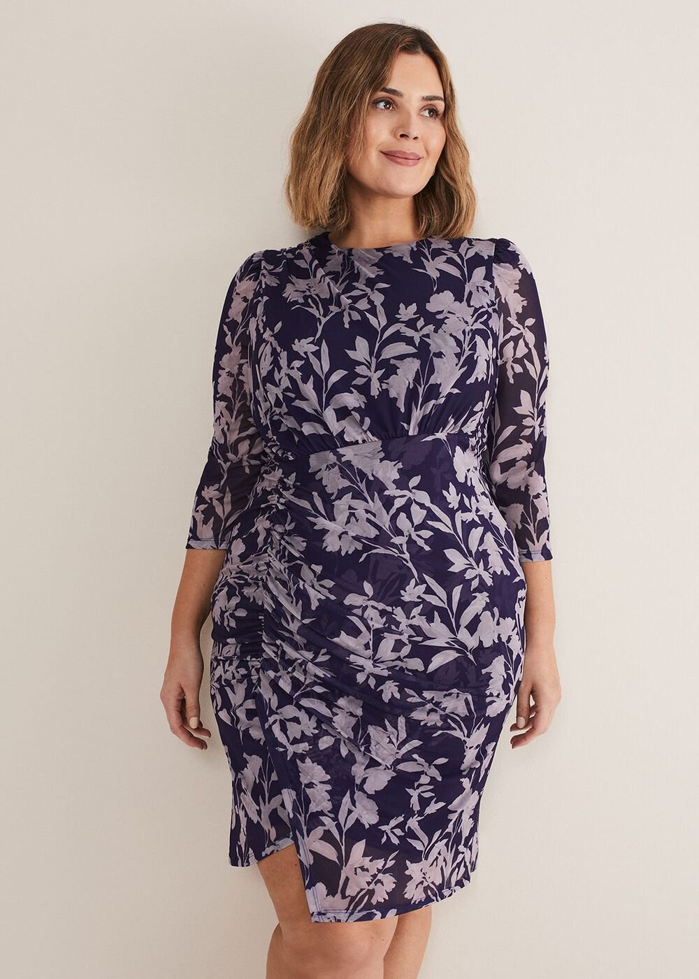 Purple Floral Mesh Midi Dress - Latte/Navy