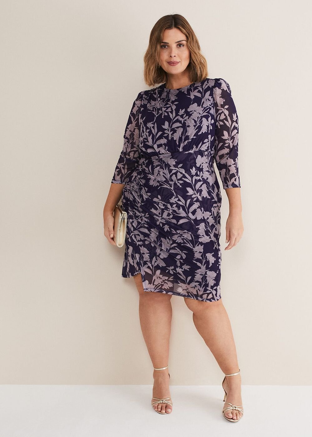 Purple Floral Mesh Midi Dress - Latte/Navy