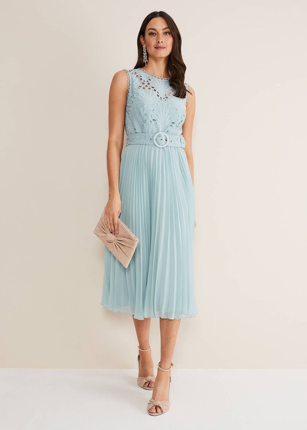 Light Blue Lace Bodice Midi Dress with Adjustable Belt - Peppermint