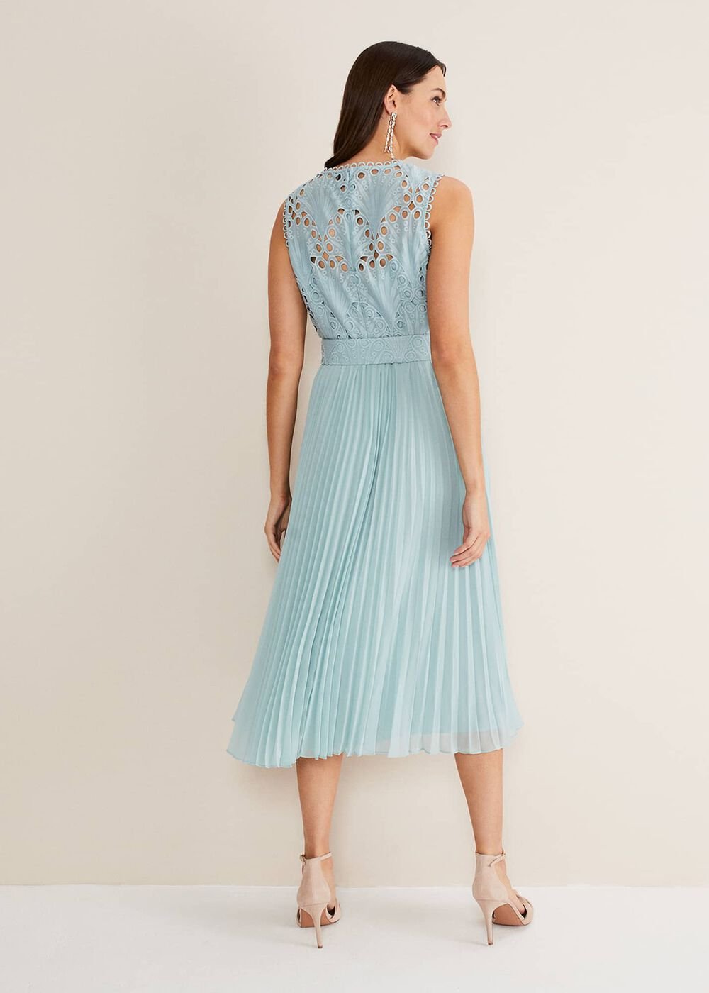 Light Blue Lace Bodice Midi Dress with Adjustable Belt - Peppermint