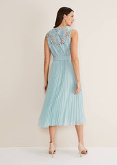 Light Blue Lace Bodice Midi Dress with Adjustable Belt - Peppermint