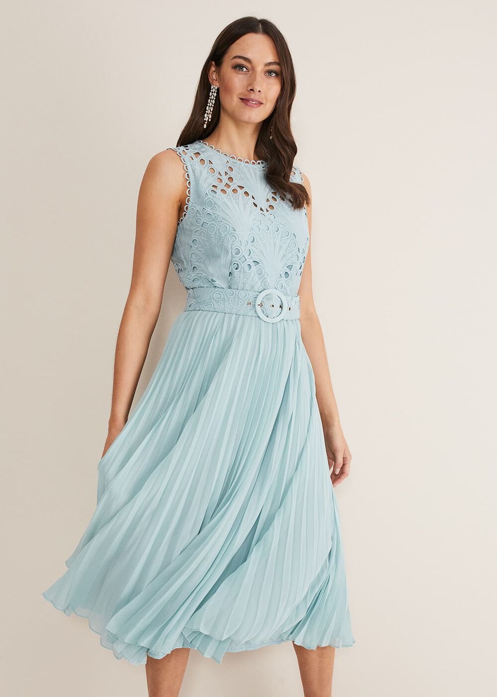 Light Blue Lace Bodice Midi Dress with Adjustable Belt - Peppermint
