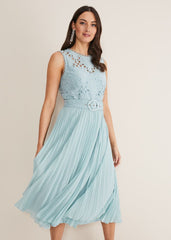 Light Blue Lace Bodice Midi Dress with Adjustable Belt - Peppermint