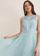 Light Blue Lace Bodice Midi Dress with Adjustable Belt - Peppermint