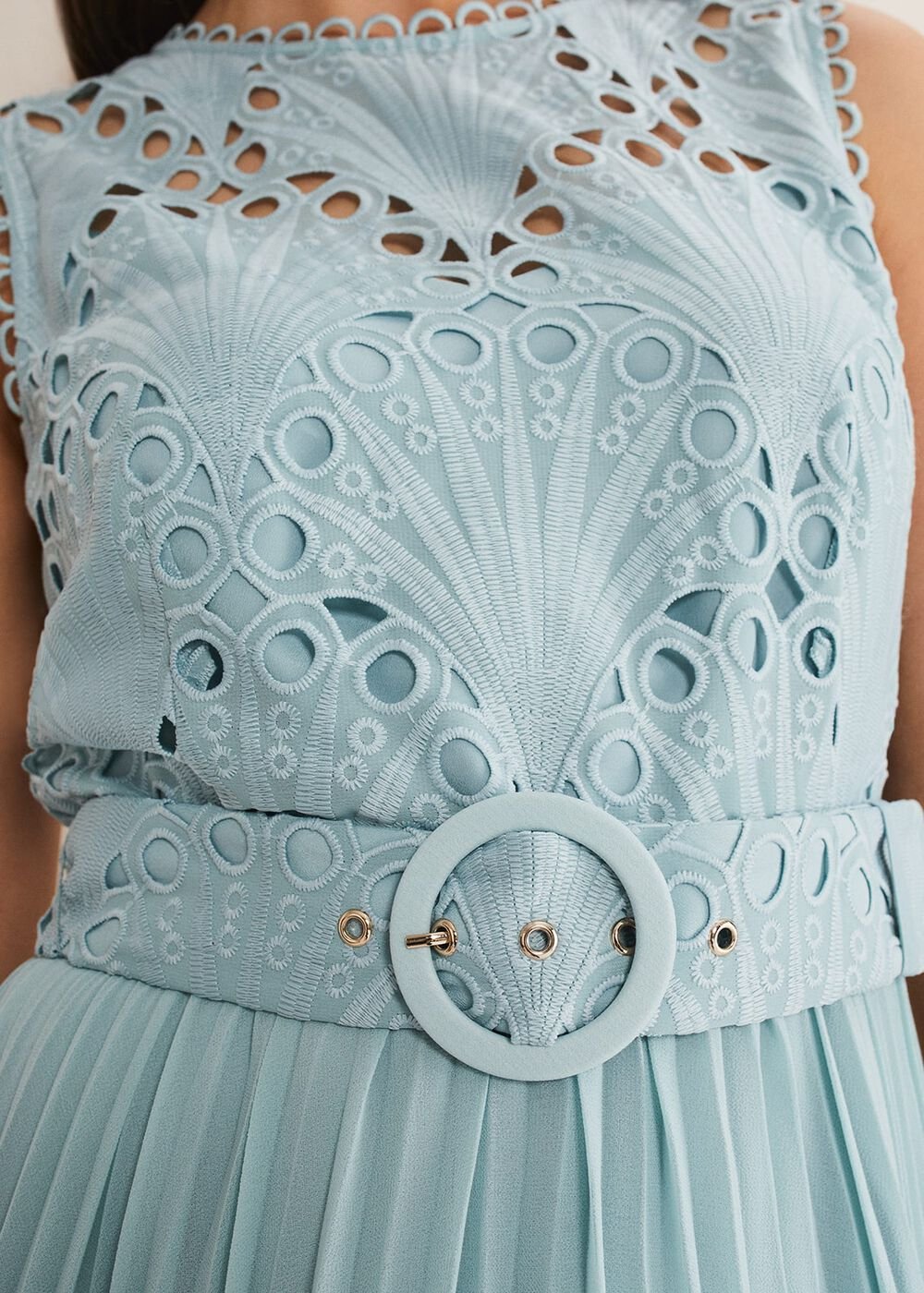 Light Blue Lace Bodice Midi Dress with Adjustable Belt - Peppermint