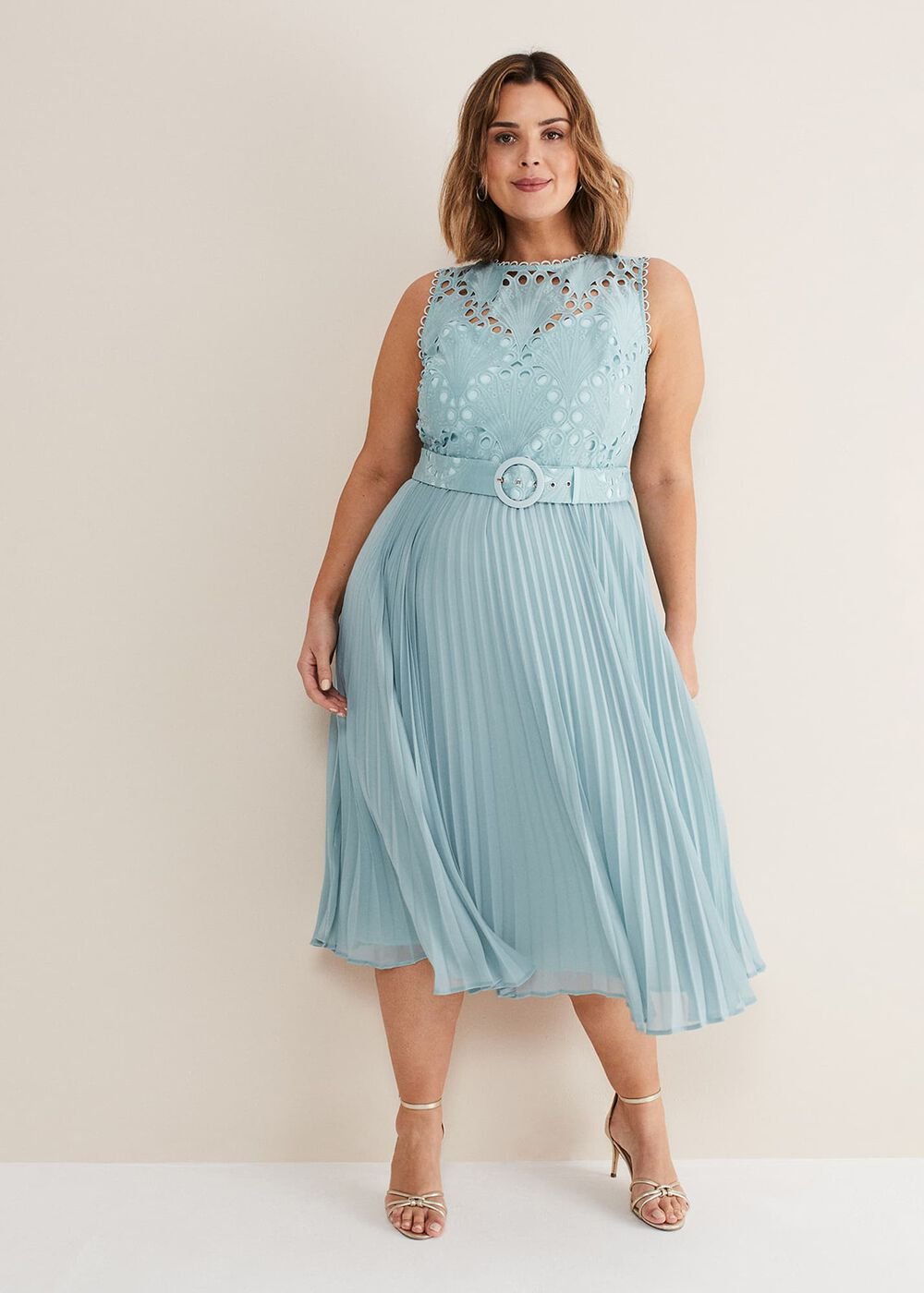 Light Blue Lace Bodice Midi Dress with Adjustable Belt - Peppermint