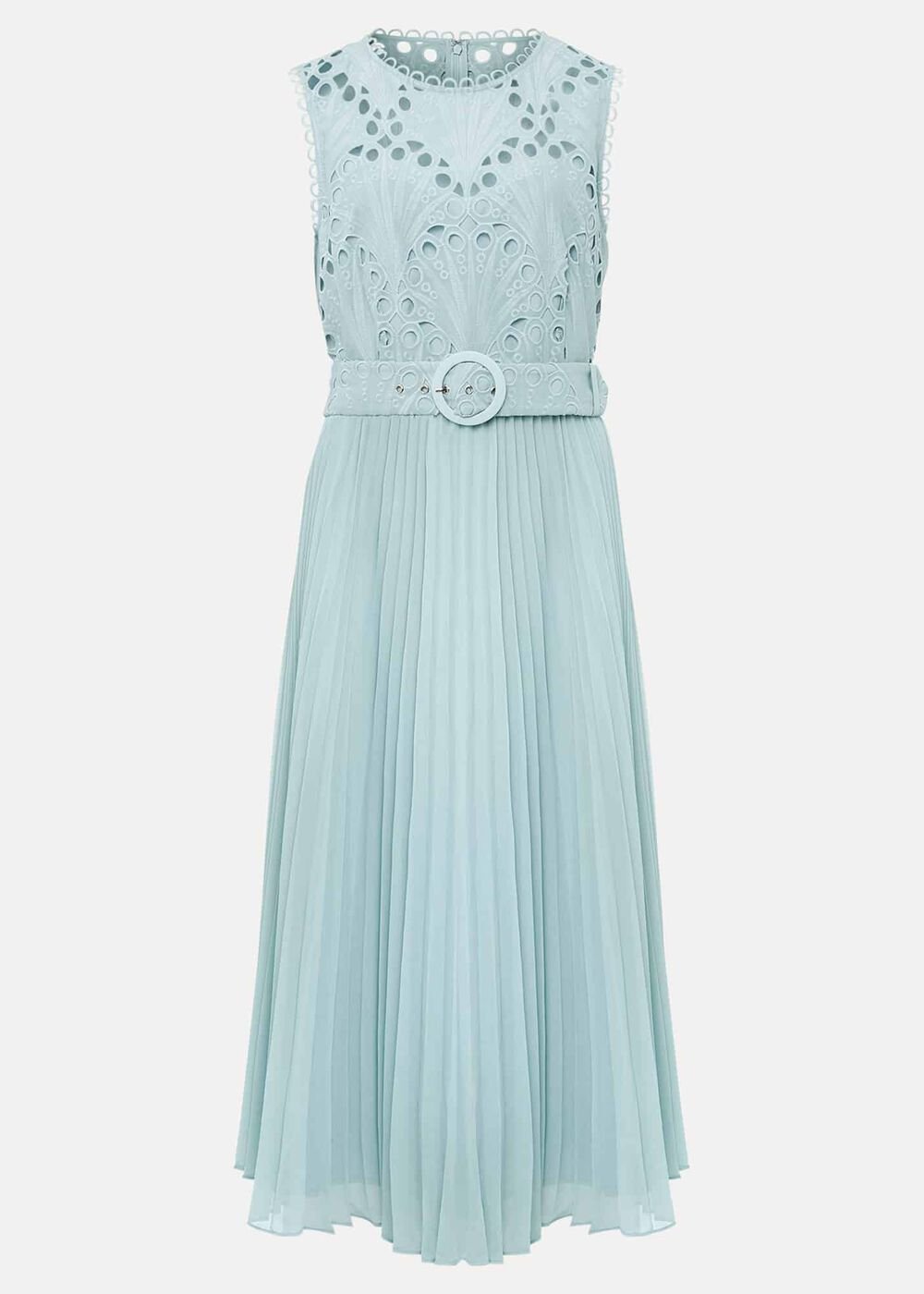 Light Blue Lace Bodice Midi Dress with Adjustable Belt - Peppermint