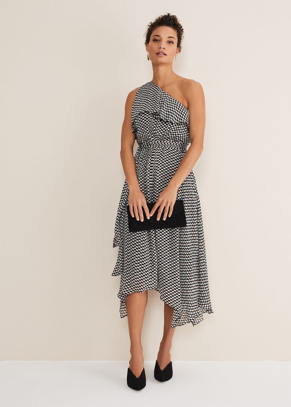 Kaz Checked One Shoulder Midi Dress - Black/White