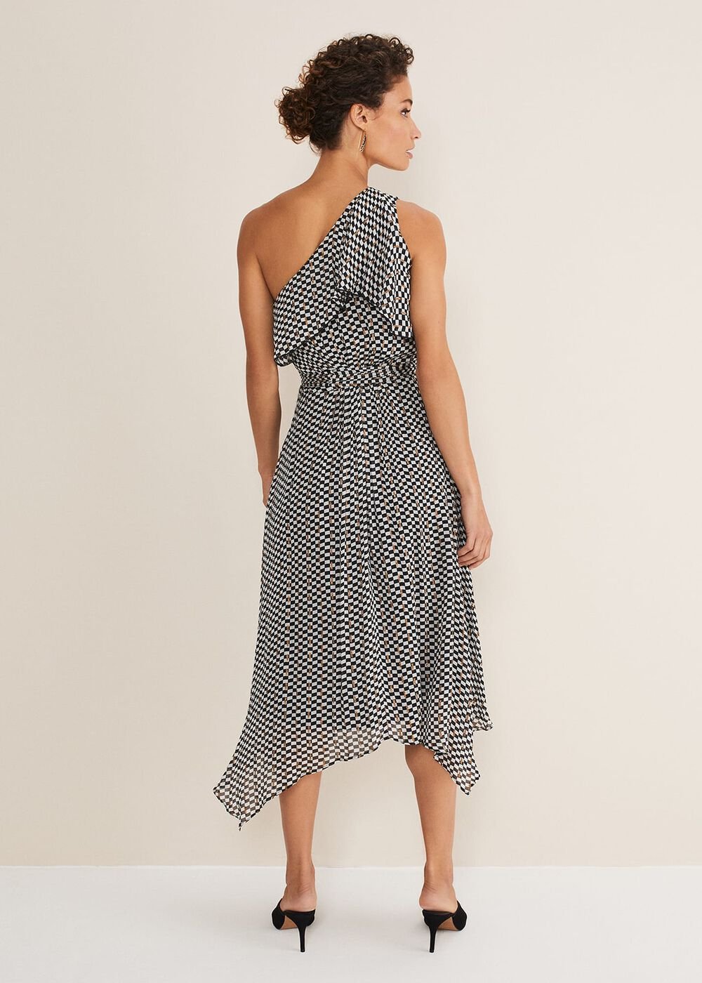 Kaz Checked One Shoulder Midi Dress - Black/White