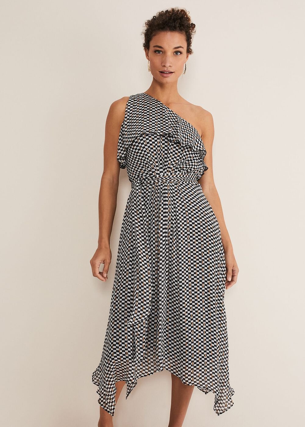 Kaz Checked One Shoulder Midi Dress - Black/White