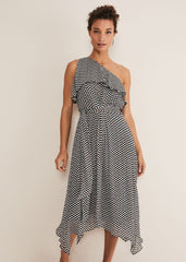 Kaz Checked One Shoulder Midi Dress - Black/White