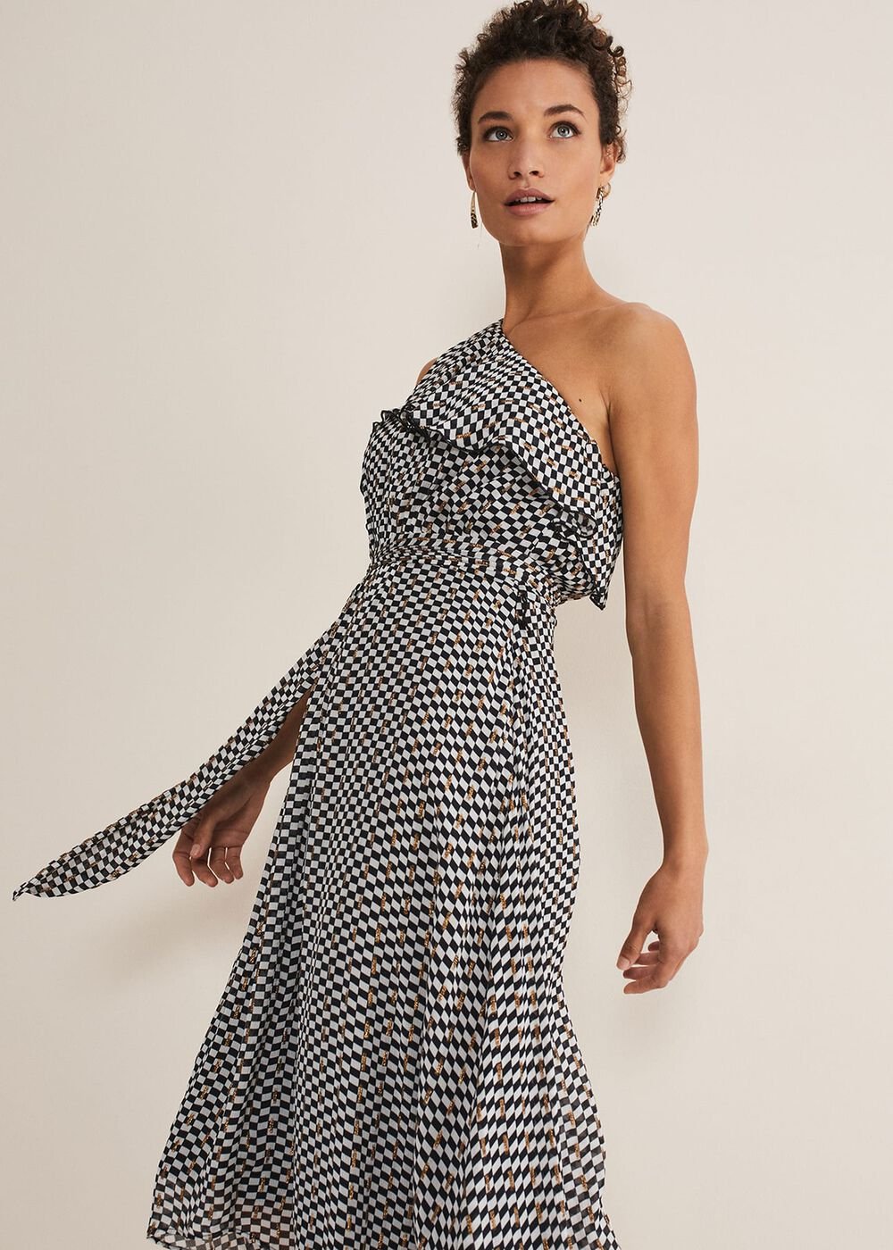 Kaz Checked One Shoulder Midi Dress - Black/White