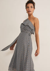 Kaz Checked One Shoulder Midi Dress - Black/White