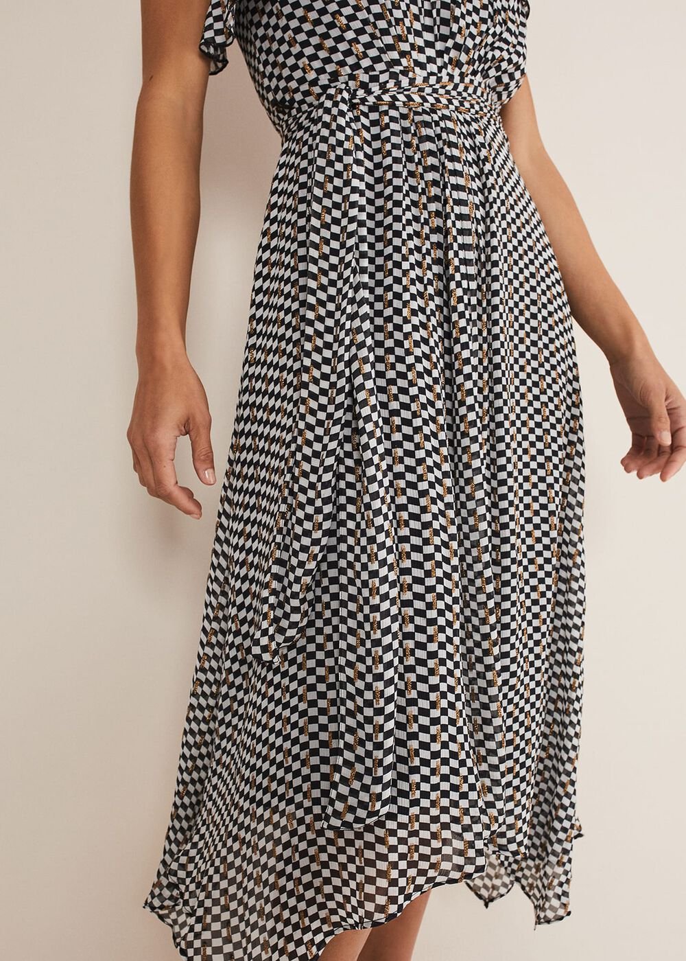 Kaz Checked One Shoulder Midi Dress - Black/White