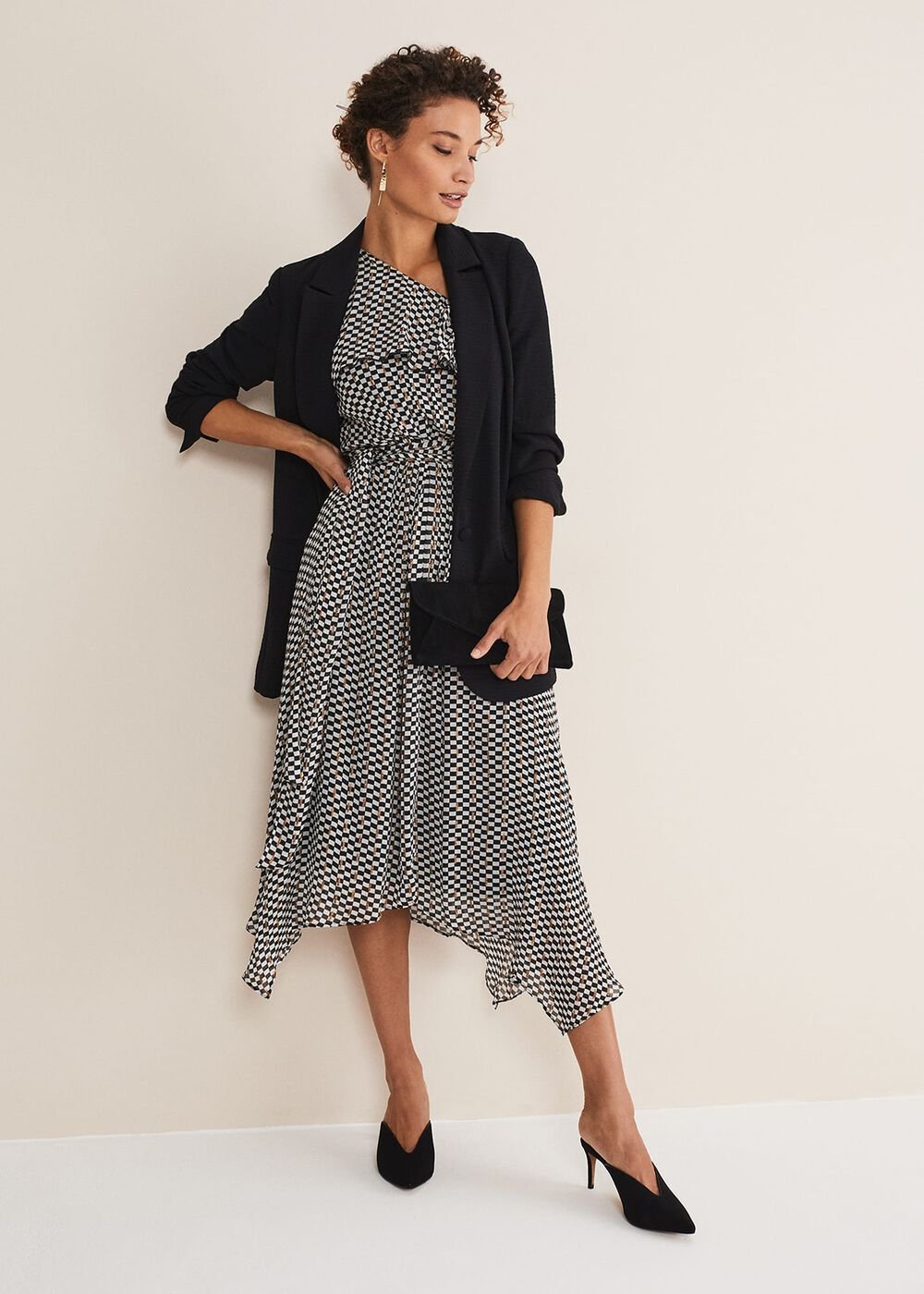 Kaz Checked One Shoulder Midi Dress - Black/White