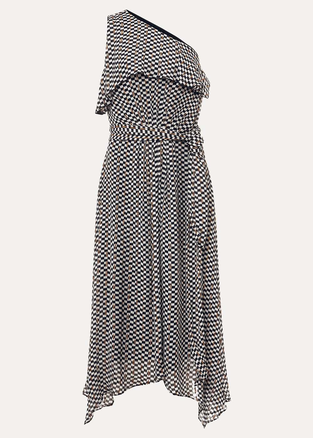 Kaz Checked One Shoulder Midi Dress - Black/White