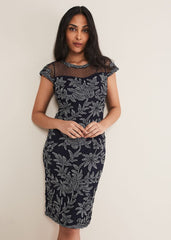 Petite Zila Tapework Dress - Navy/Ivory