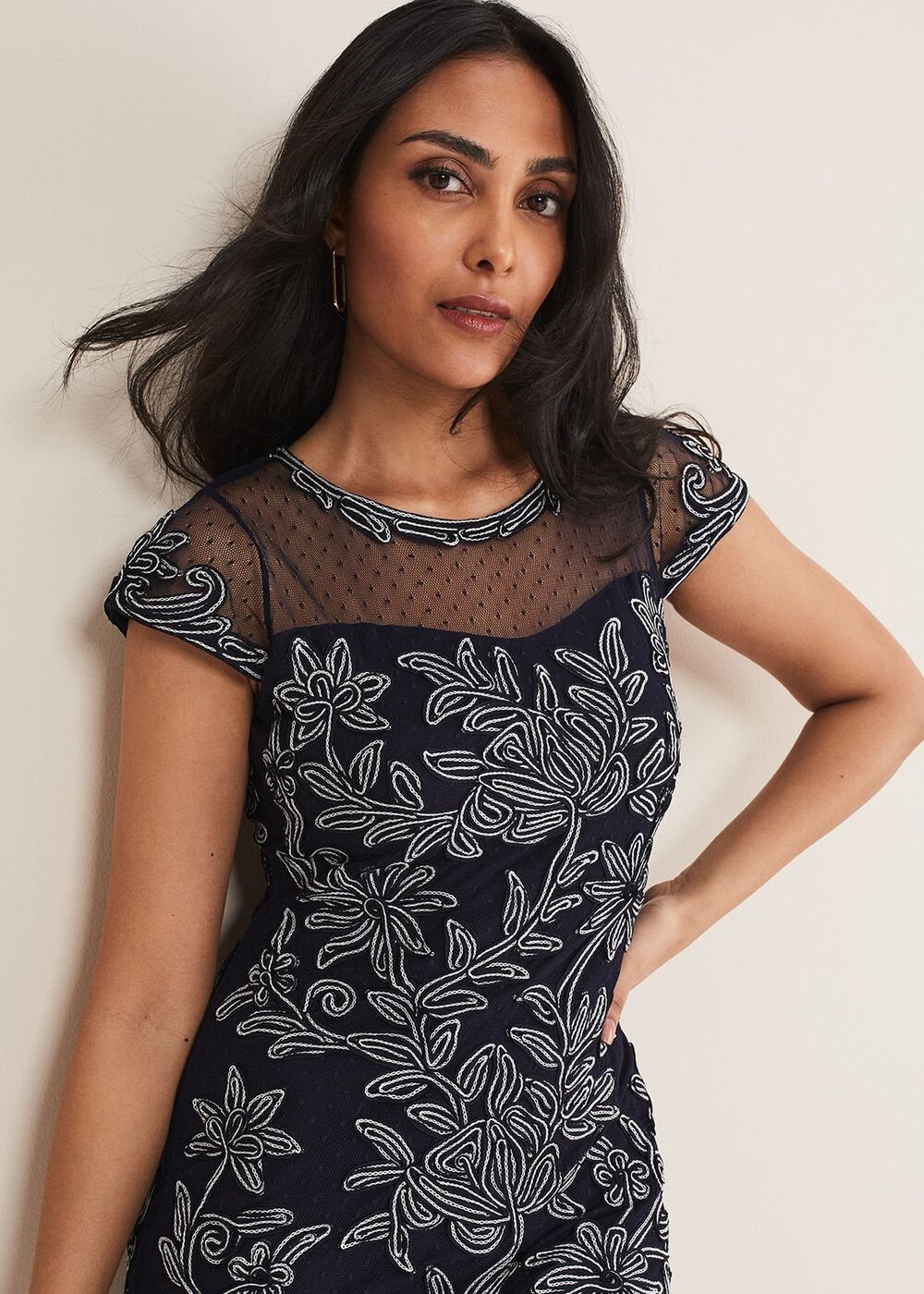 Petite Zila Tapework Dress - Navy/Ivory