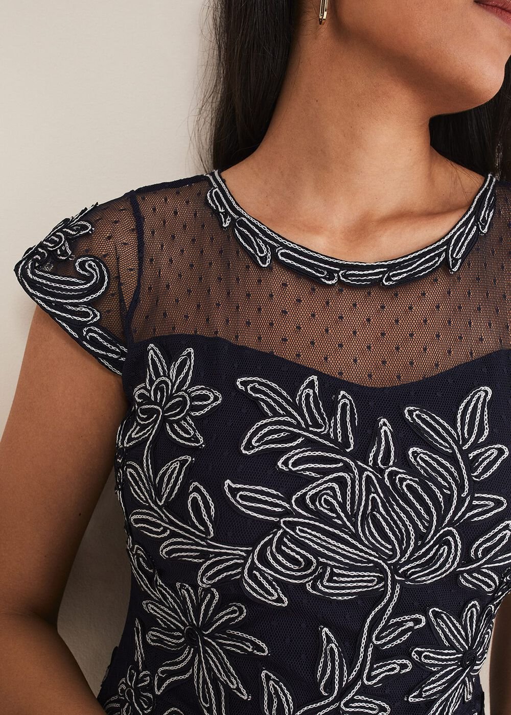 Petite Zila Tapework Dress - Navy/Ivory