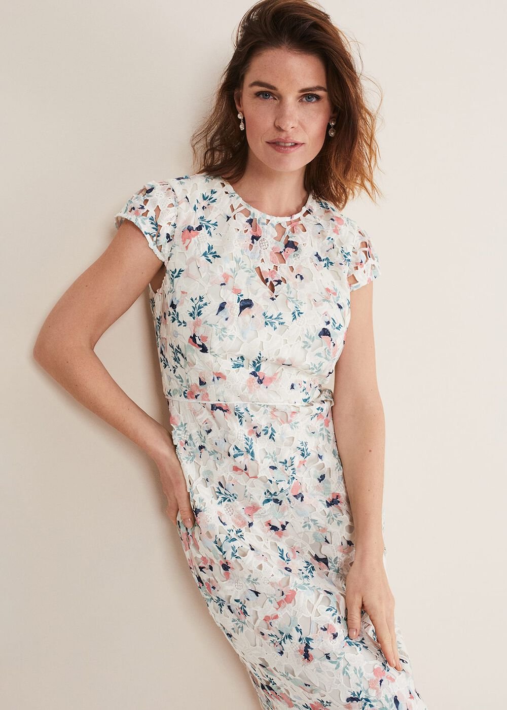Ivory Floral Lace Dress with Pink & Navy Accents - Ivory/Multi