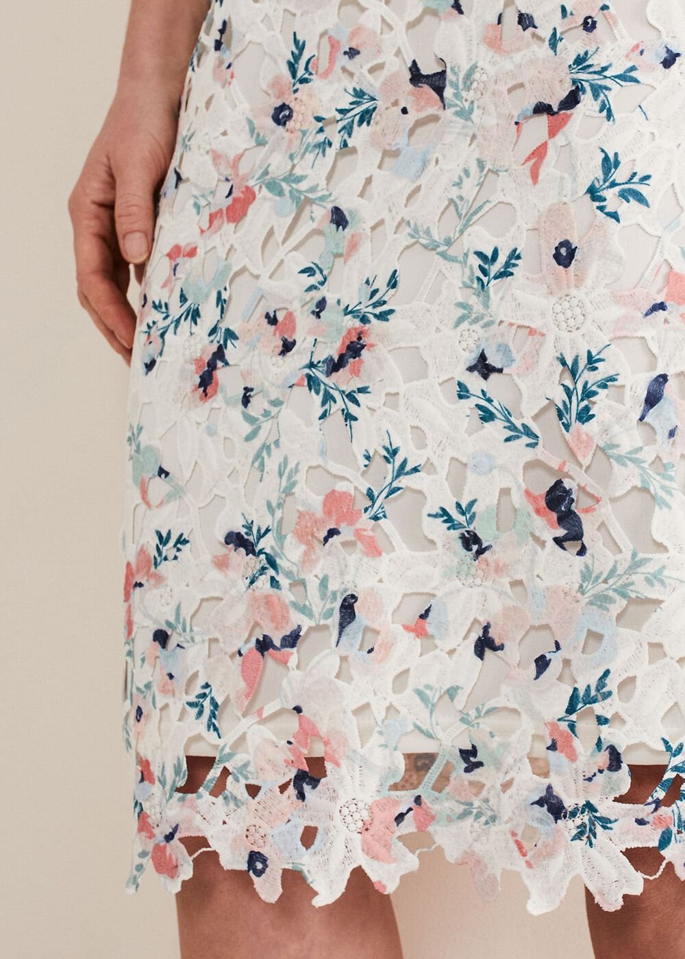 Ivory Floral Lace Dress with Pink & Navy Accents - Ivory/Multi