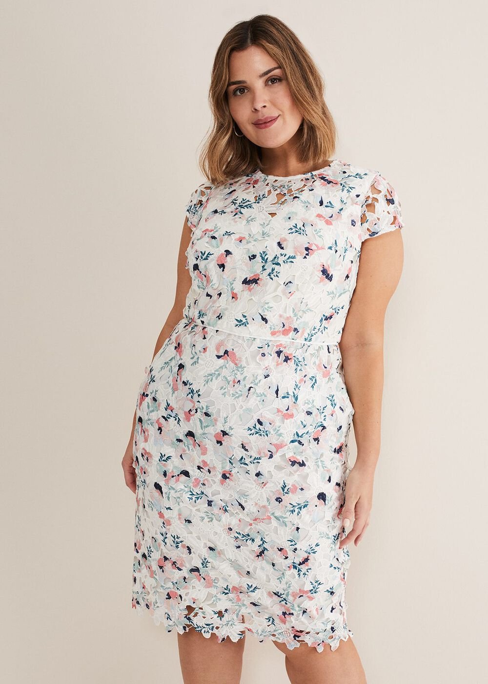 Ivory Floral Lace Dress with Pink & Navy Accents - Ivory/Multi