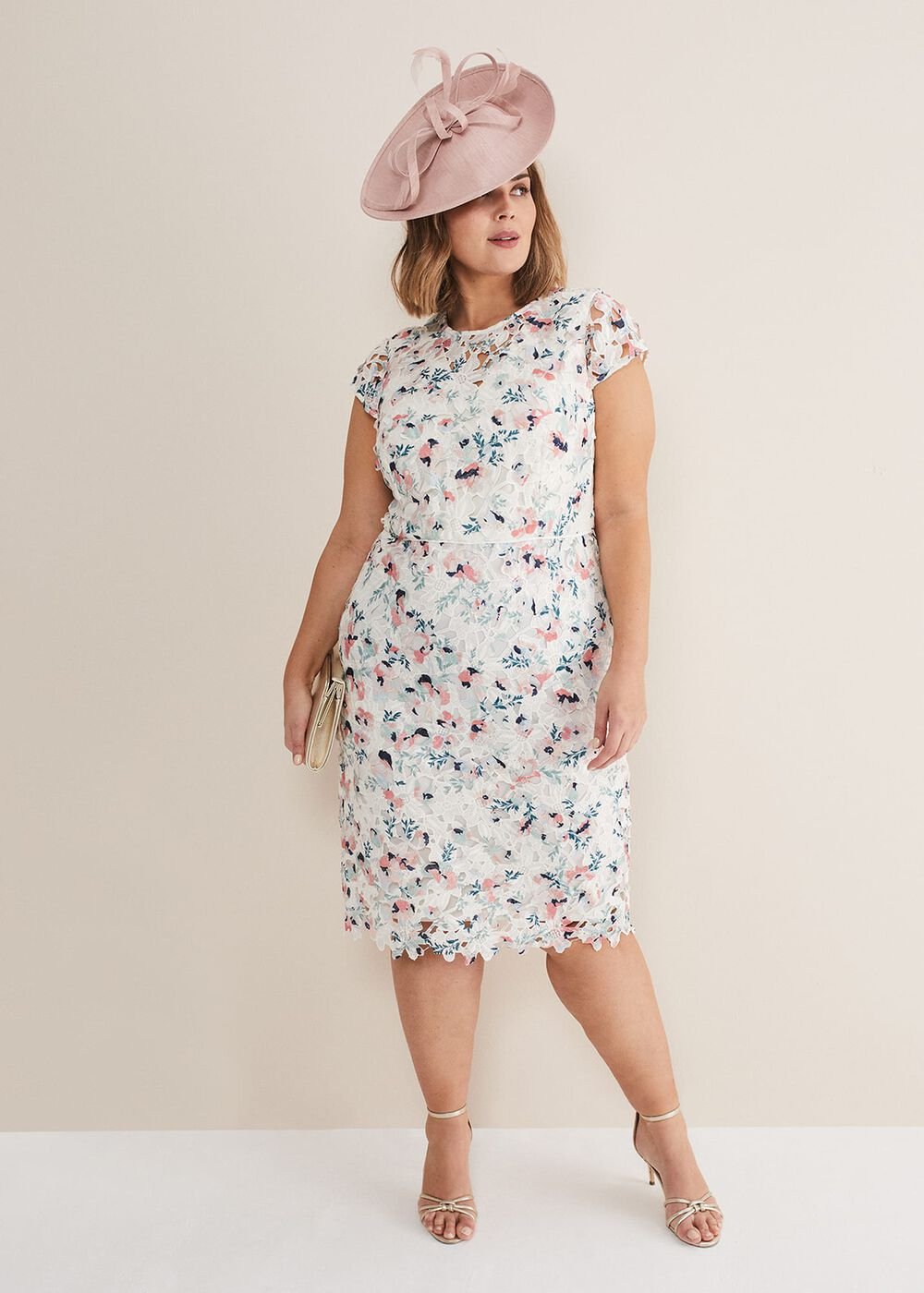 Ivory Floral Lace Dress with Pink & Navy Accents - Ivory/Multi