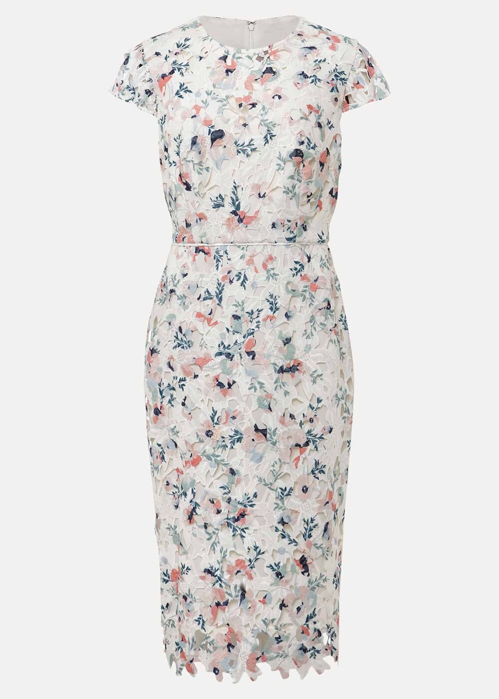 Ivory Floral Lace Dress with Pink & Navy Accents - Ivory/Multi