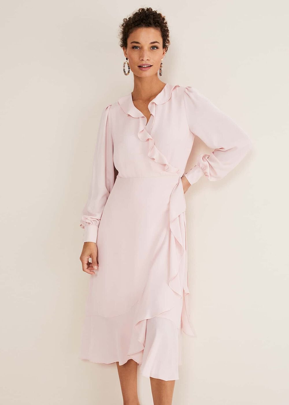 Chic Light Pink Ruffle Midi Dress with Tie Waist - Soft Rose