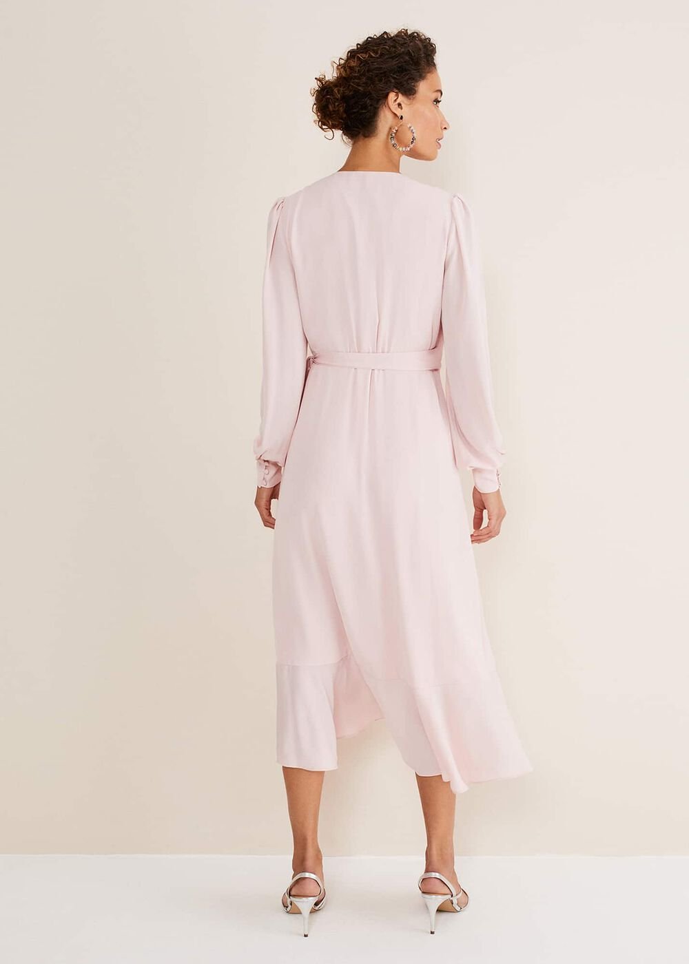 Chic Light Pink Ruffle Midi Dress with Tie Waist - Soft Rose