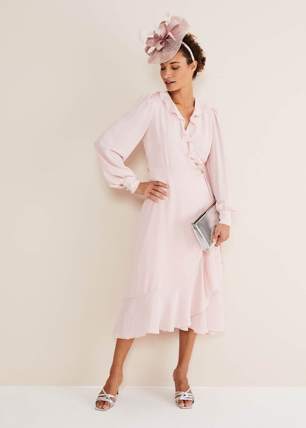 Chic Light Pink Ruffle Midi Dress with Tie Waist - Soft Rose
