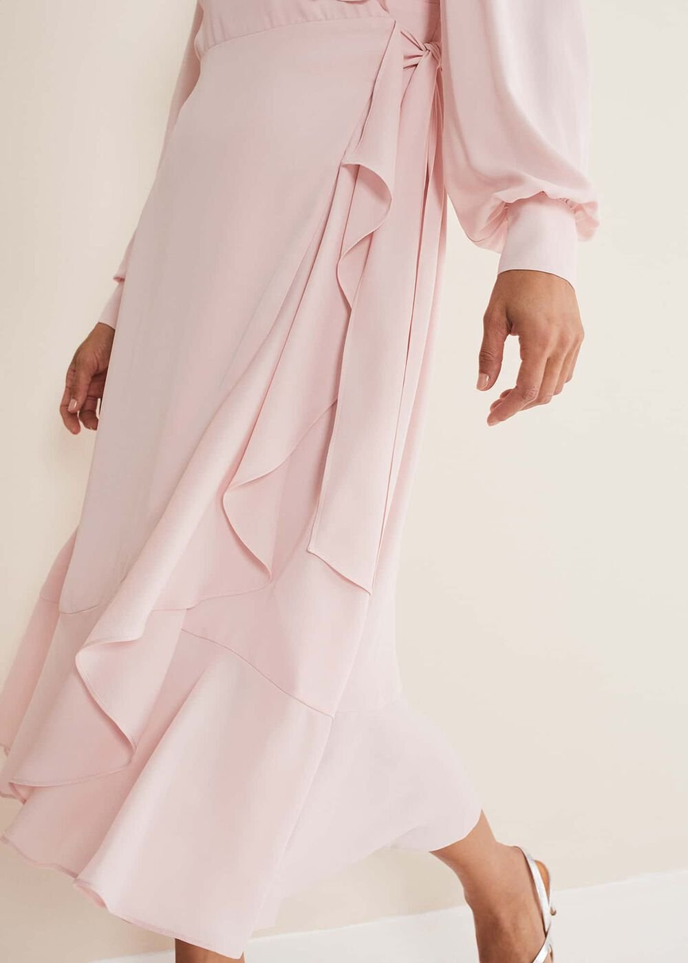 Chic Light Pink Ruffle Midi Dress with Tie Waist - Soft Rose