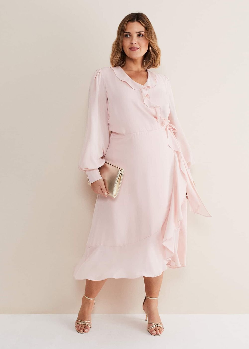 Chic Light Pink Ruffle Midi Dress with Tie Waist - Soft Rose