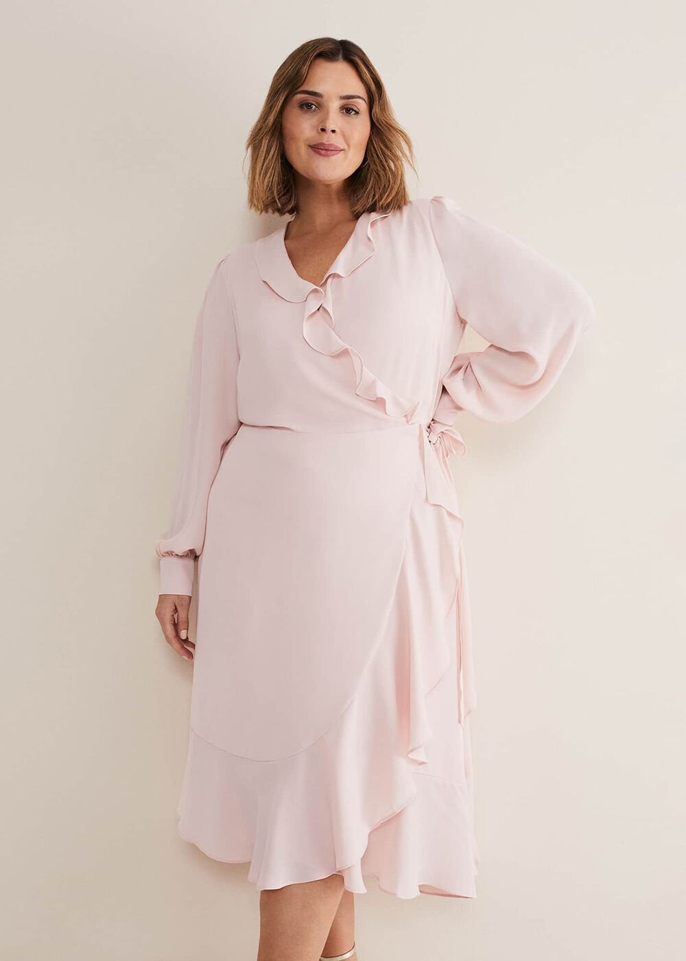 Chic Light Pink Ruffle Midi Dress with Tie Waist - Soft Rose